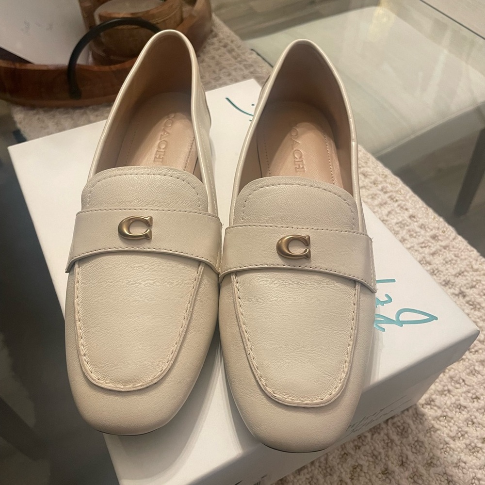 Coach Ivory Leather Penny Loafers with Gold 'C' Accent